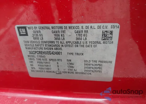 2014 Chevrolet Silverado 1500 1Lt из США, поврежденный, VIN 3GCPCREHXEG424961